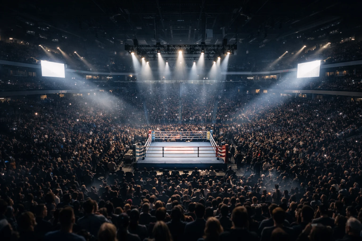 Große Boxarena mit begeistertem Publikum vor dem Hauptkampf