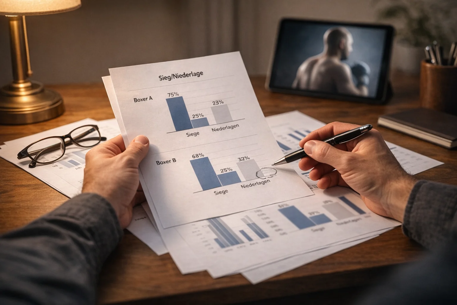 Person analysiert Boxkampf-Statistiken mit Notizen und Dokumenten