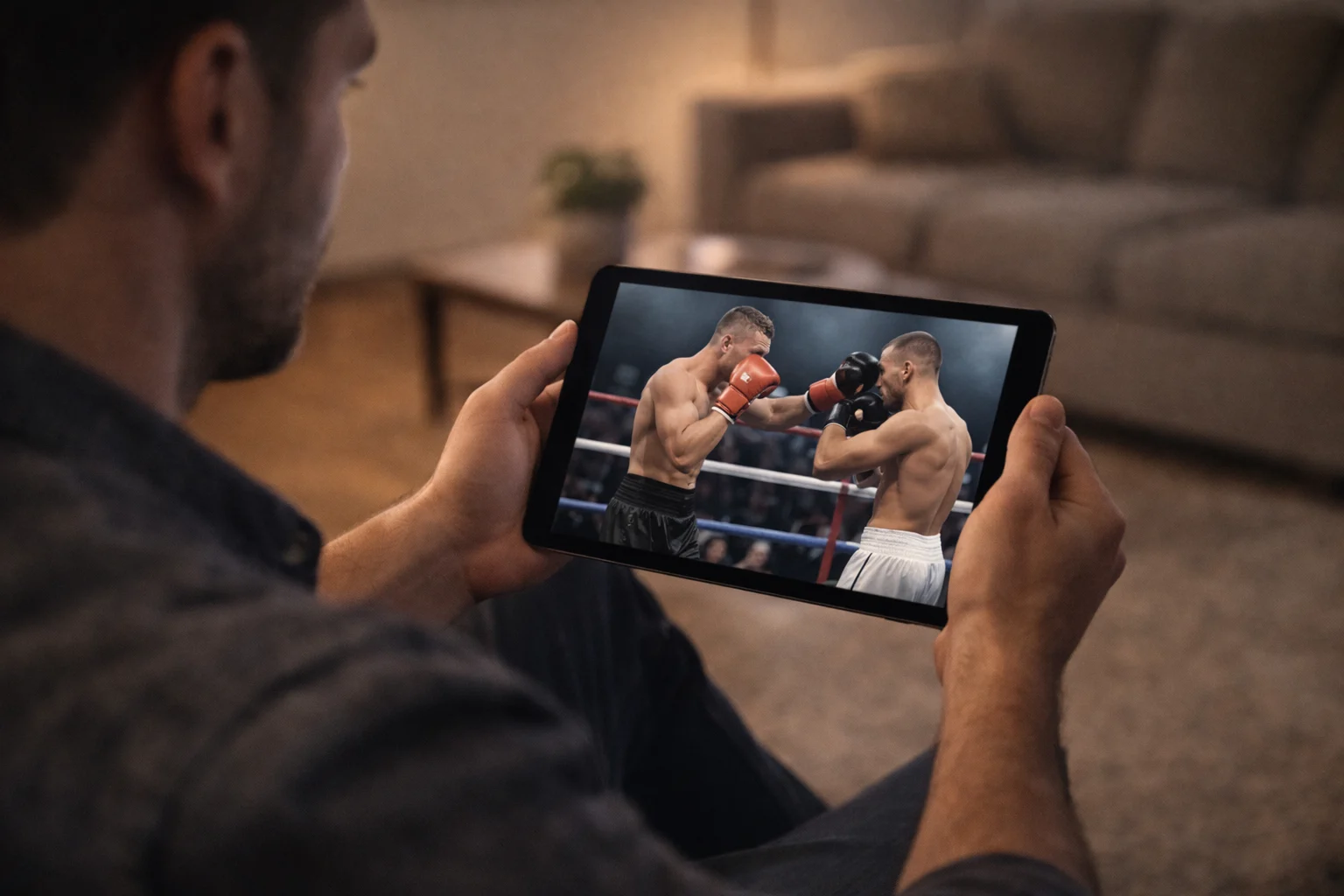 Mann verfolgt Boxkampf live auf Tablet in gemütlicher Umgebung
