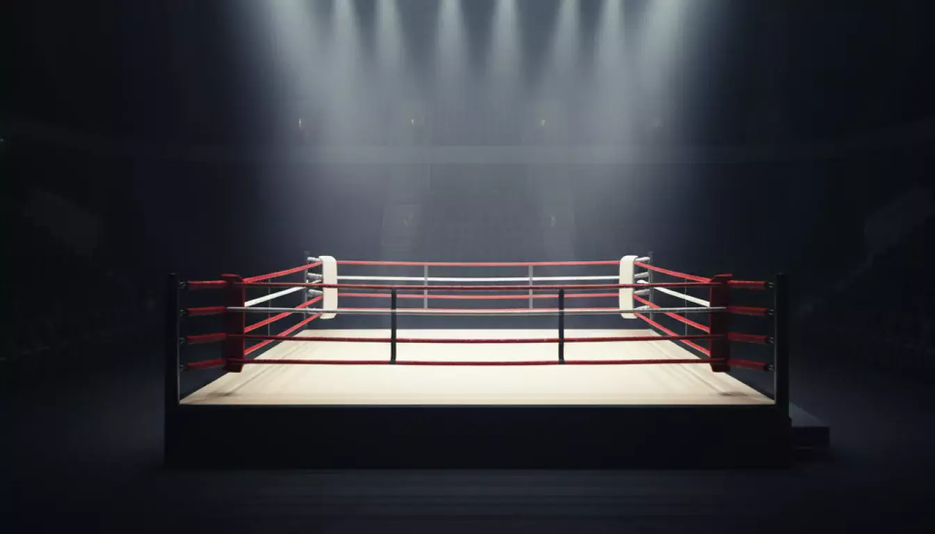 Boxring mit Scheinwerferlicht vor einem Boxkampf