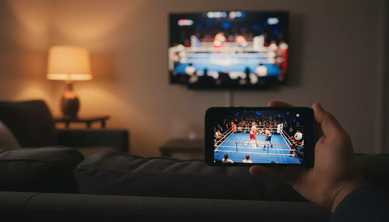 Hand hält Smartphone mit Boxkampf-Livestream neben einem Fernseher