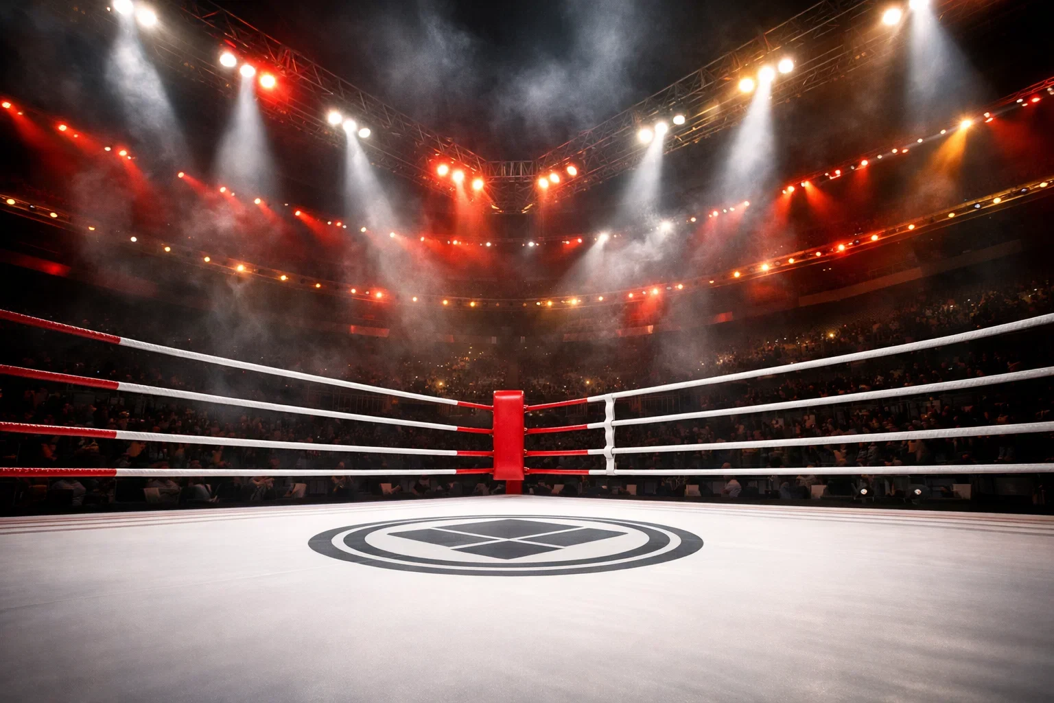 Professioneller Boxring mit dramatischer Beleuchtung vor einem Titelkampf