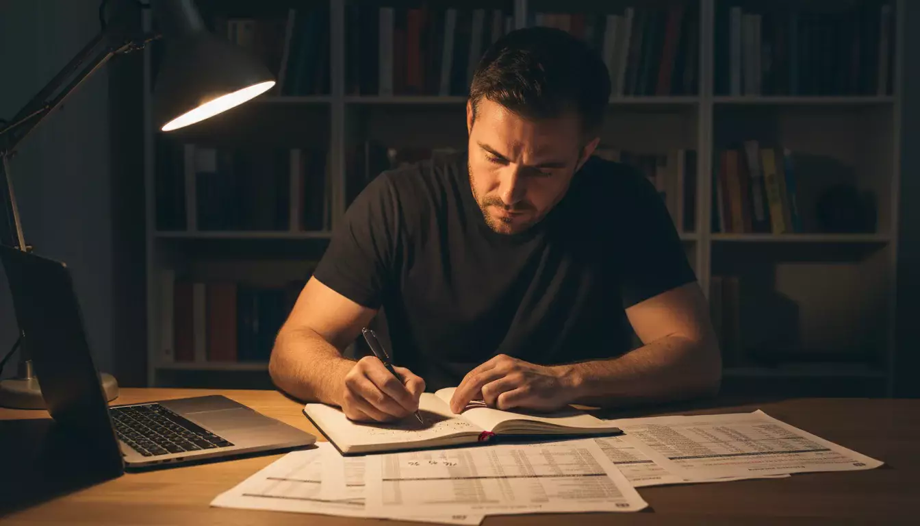 Konzentrierter Mann analysiert Boxkampf-Statistiken an einem Schreibtisch mit Notizen