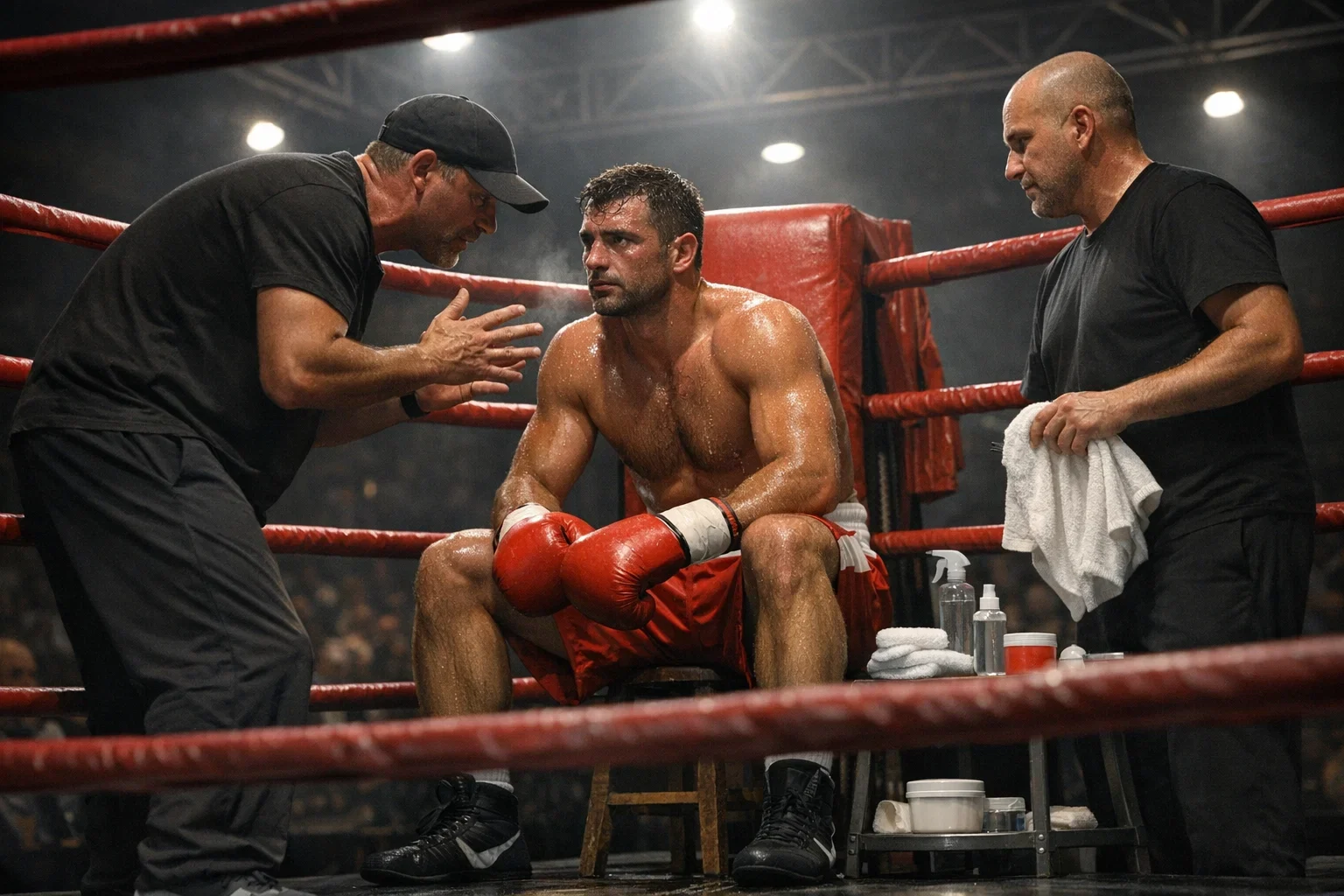 Boxer in der Ringecke erhält Anweisungen von seinem Trainer während der Pause