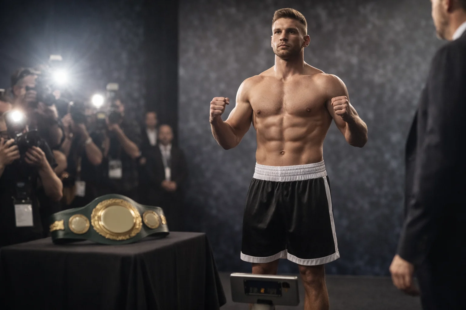 Boxer beim offiziellen Wiegen vor dem Titelkampf