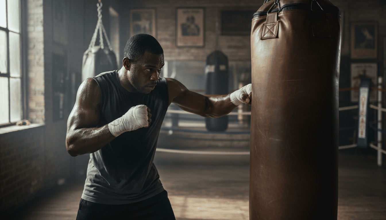 Boxer trainiert am Sandsack in einem dunklen Boxgym mit hartem Seitenlicht