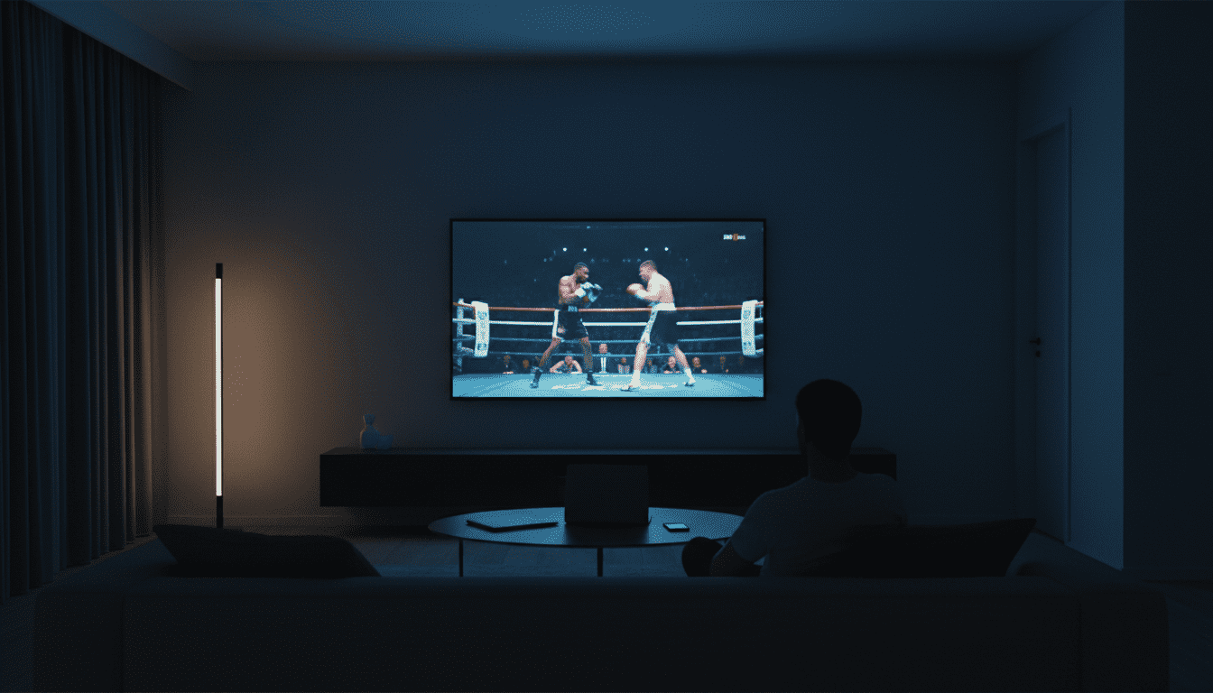 Modernes Wohnzimmer mit grossem Bildschirm, auf dem ein Boxkampf live läuft