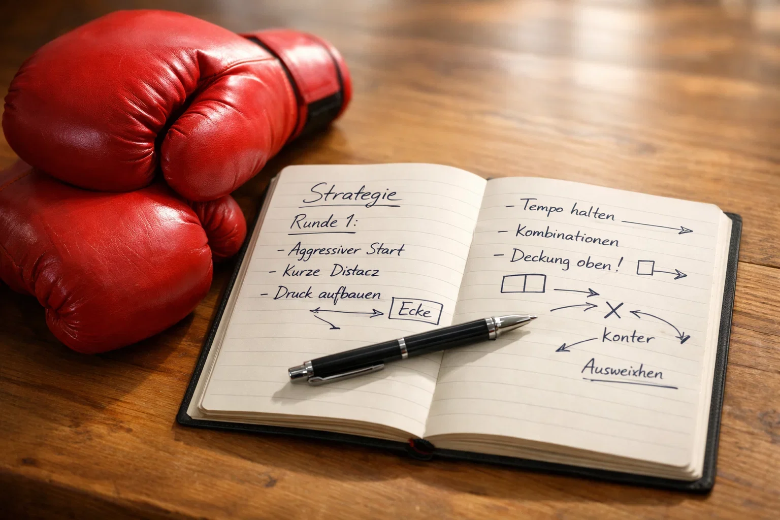 Boxhandschuhe neben Notizblock mit taktischen Aufzeichnungen