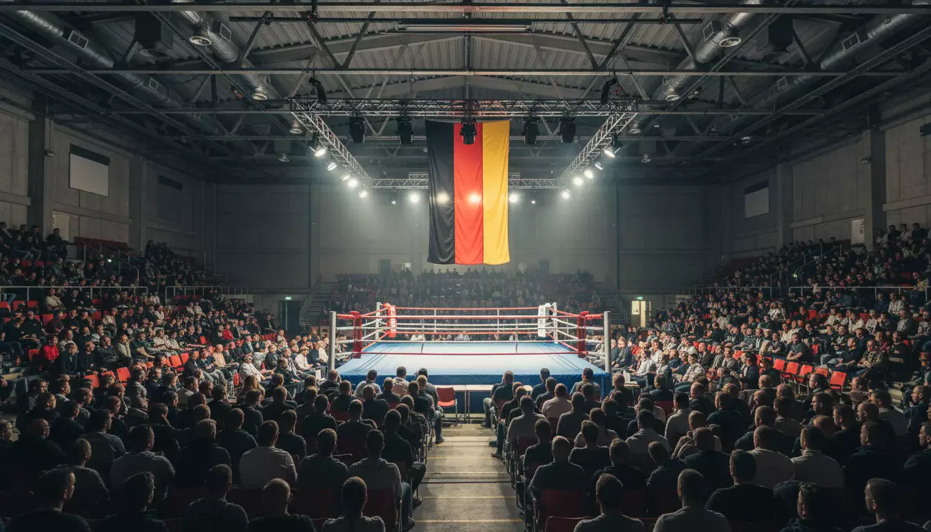 Deutsche Flagge vor einem Boxring mit Zuschauern im Hintergrund