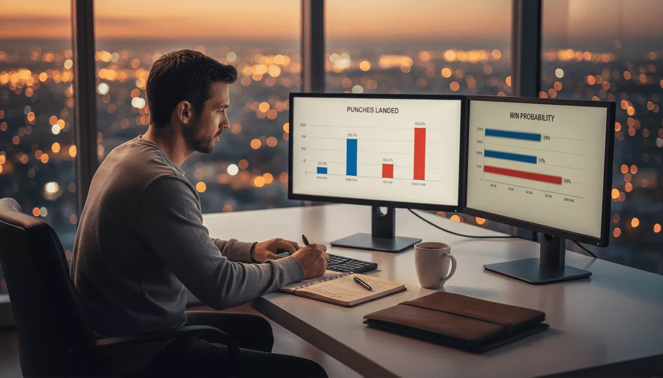 Trader analysiert Boxkampf-Daten an einem Arbeitsplatz mit Monitoren