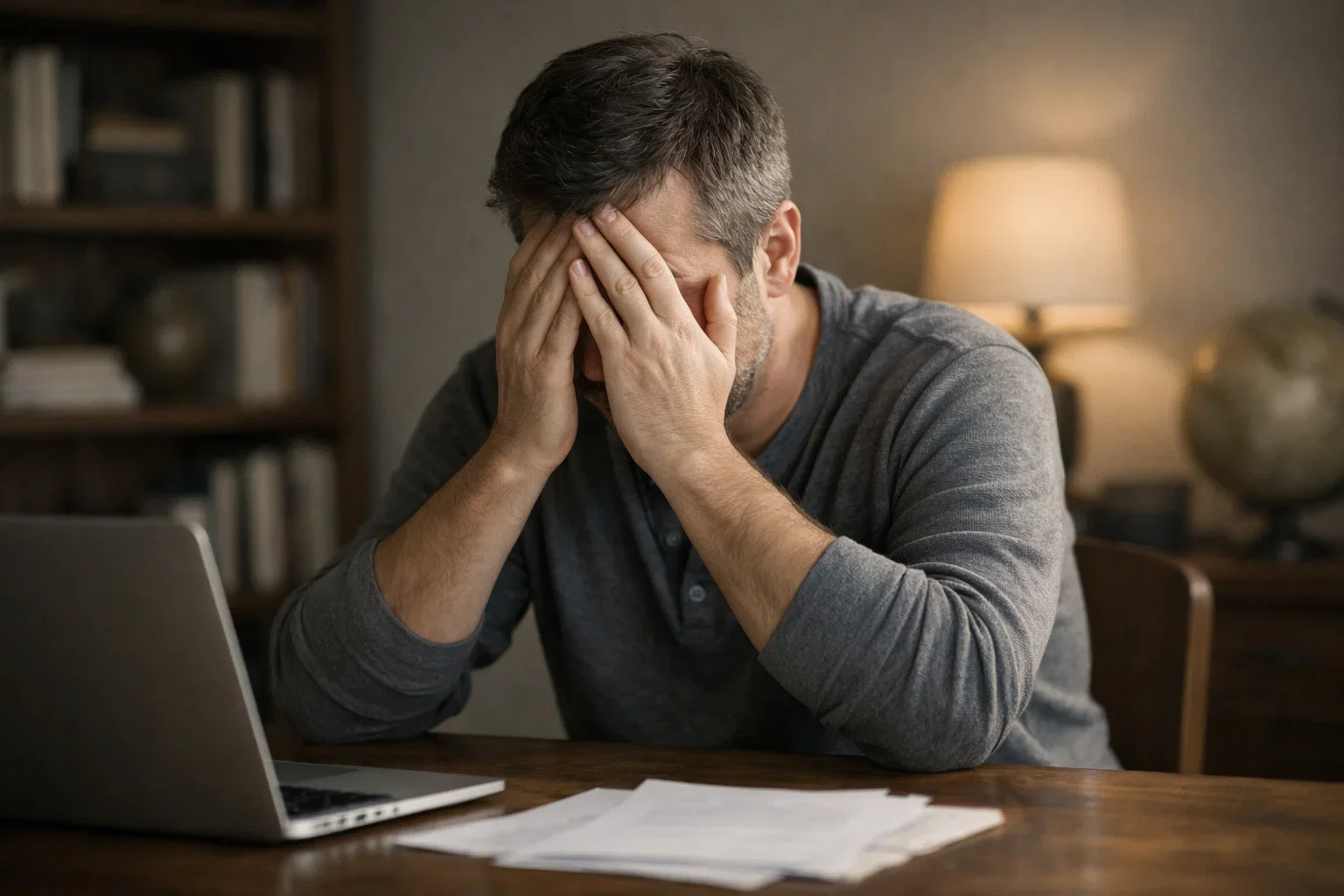 Frustrierter Mann hält den Kopf nach einer Fehlentscheidung