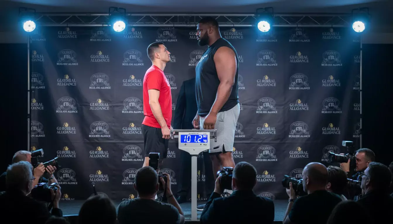 Zwei Boxer unterschiedlicher Gewichtsklassen stehen sich beim Wiegen gegenüber