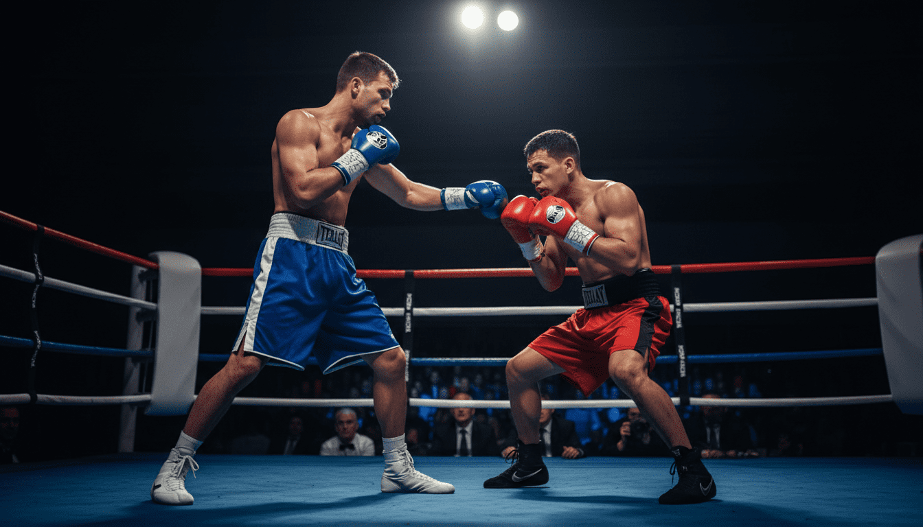 Zwei Boxer in unterschiedlichen Kampfhaltungen stehen sich im Ring gegenüber