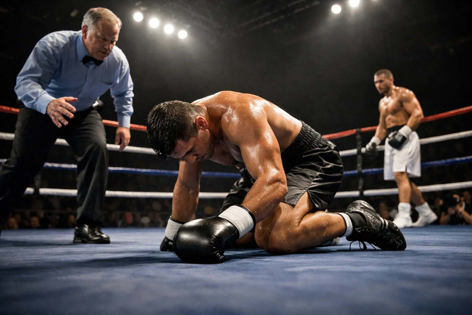 Boxer geht nach einem Treffer zu Boden im Knockdown