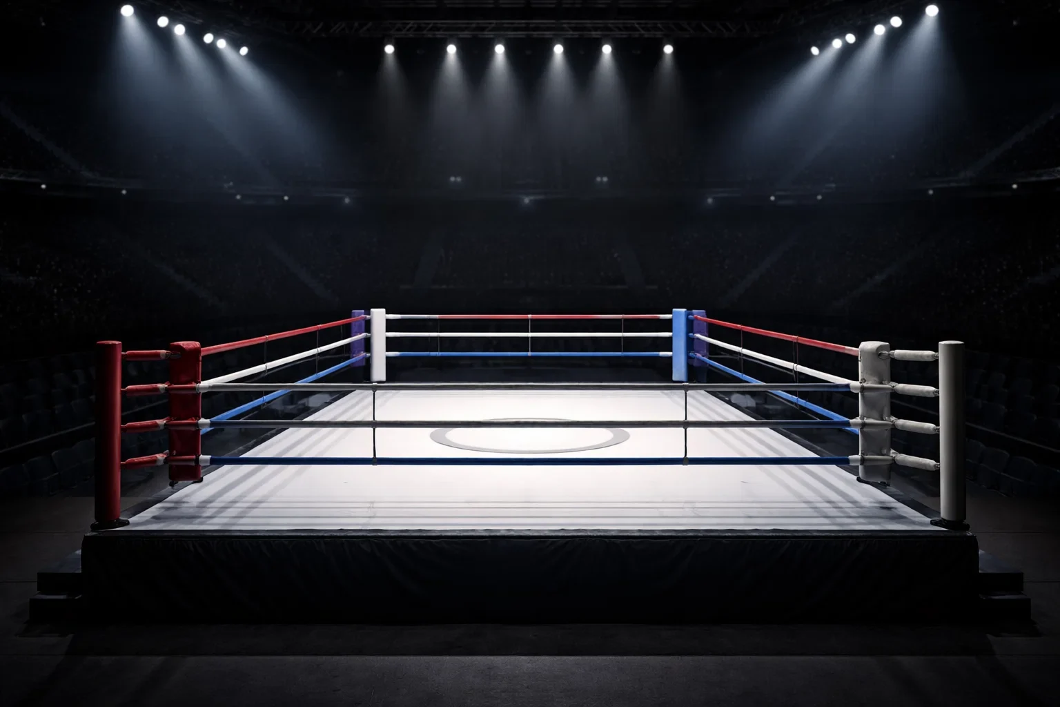 Professioneller Boxring mit Ringseilen und dramatischer Arenabeleuchtung
