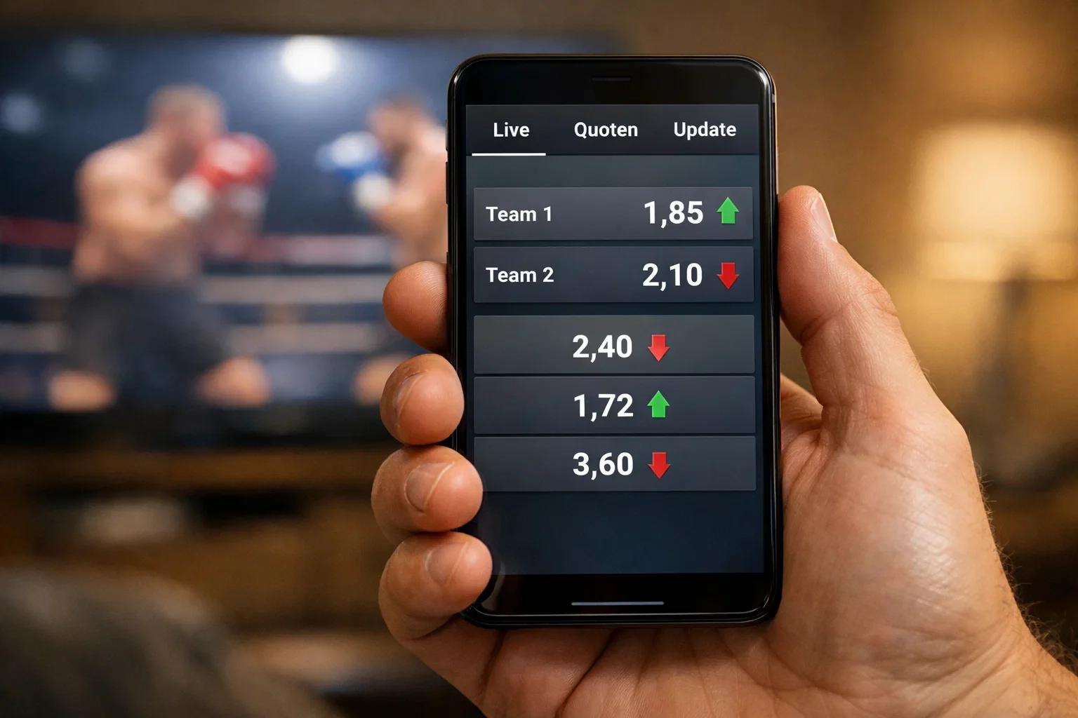 Smartphone zeigt Live-Wettquoten während einer Sportübertragung