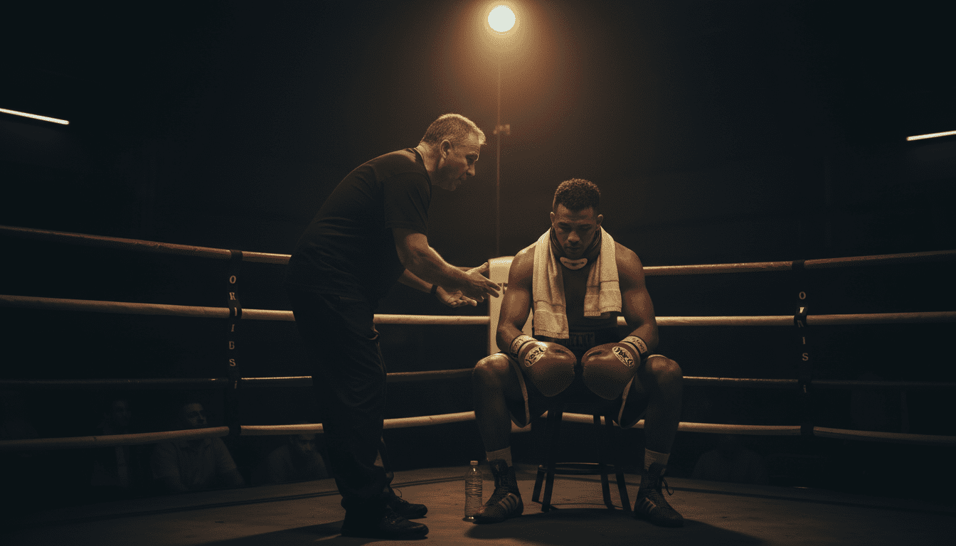 Boxer sitzt nachdenklich in seiner Ecke des Rings zwischen den Runden
