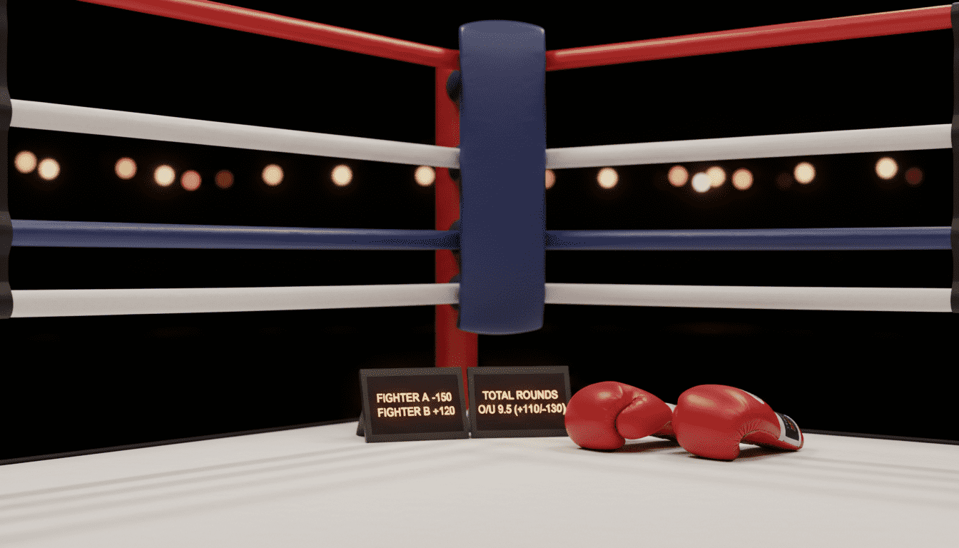 Nahaufnahme eines Boxrings mit verschiedenen Wettquoten auf Bildschirmen