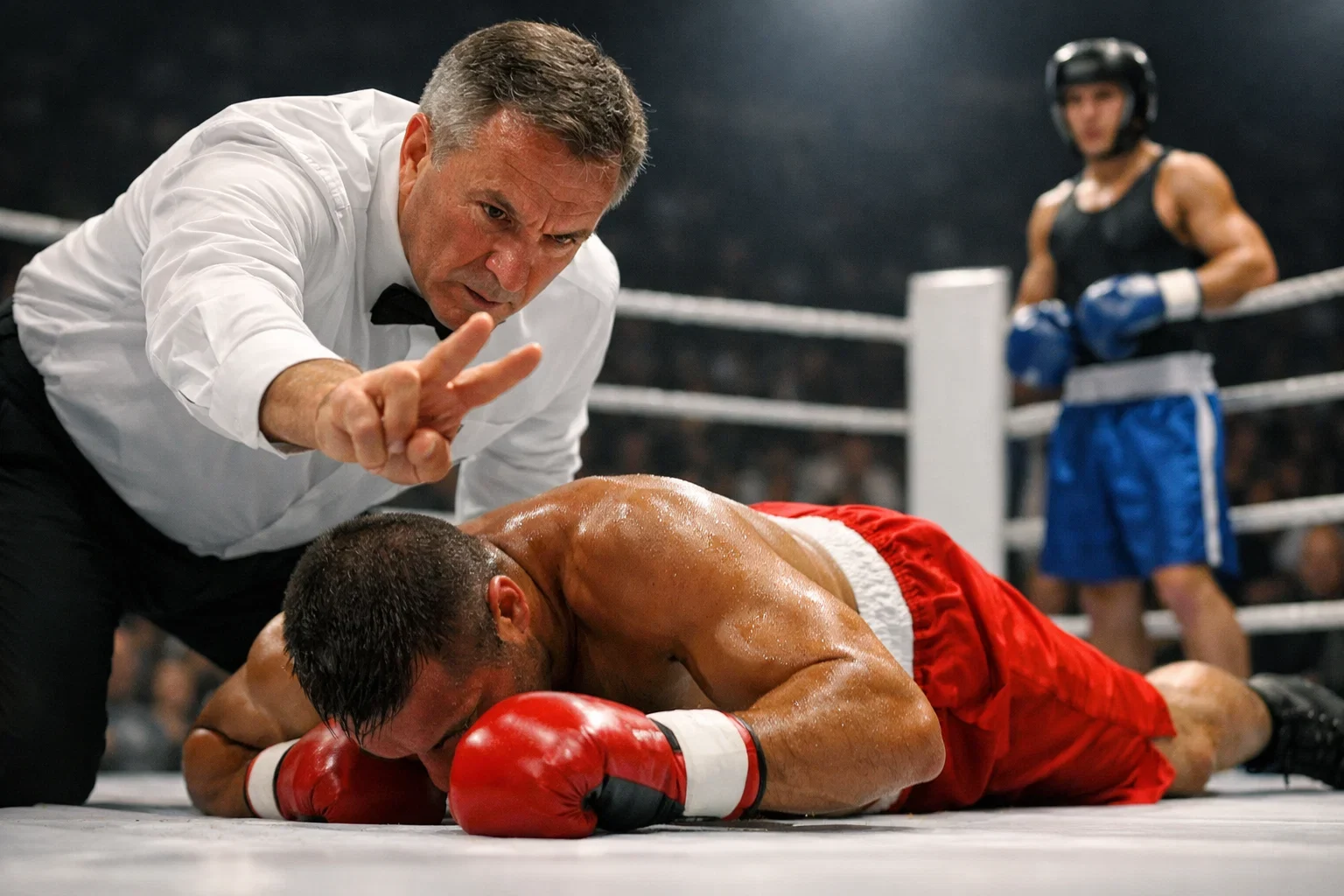 Ringrichter zählt einen Boxer aus während der Runde