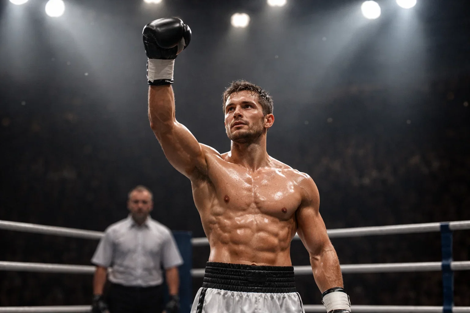 Boxer hebt die Faust als Sieger nach dem Kampf im Ring