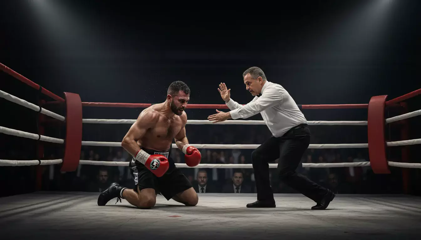 Boxer geht nach einem harten Treffer zu Boden im Boxring unter Scheinwerferlicht