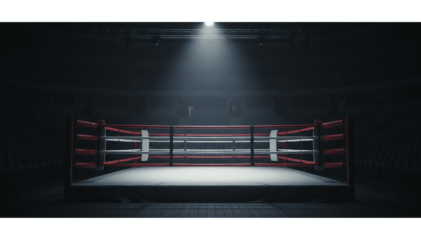 Nahaufnahme eines Boxrings mit Seilen und dramatischer Beleuchtung vor dem Kampf