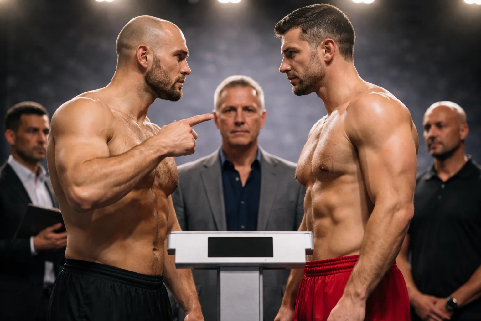 Professionelles Wiegen vor dem Boxkampf mit beiden Kämpfern