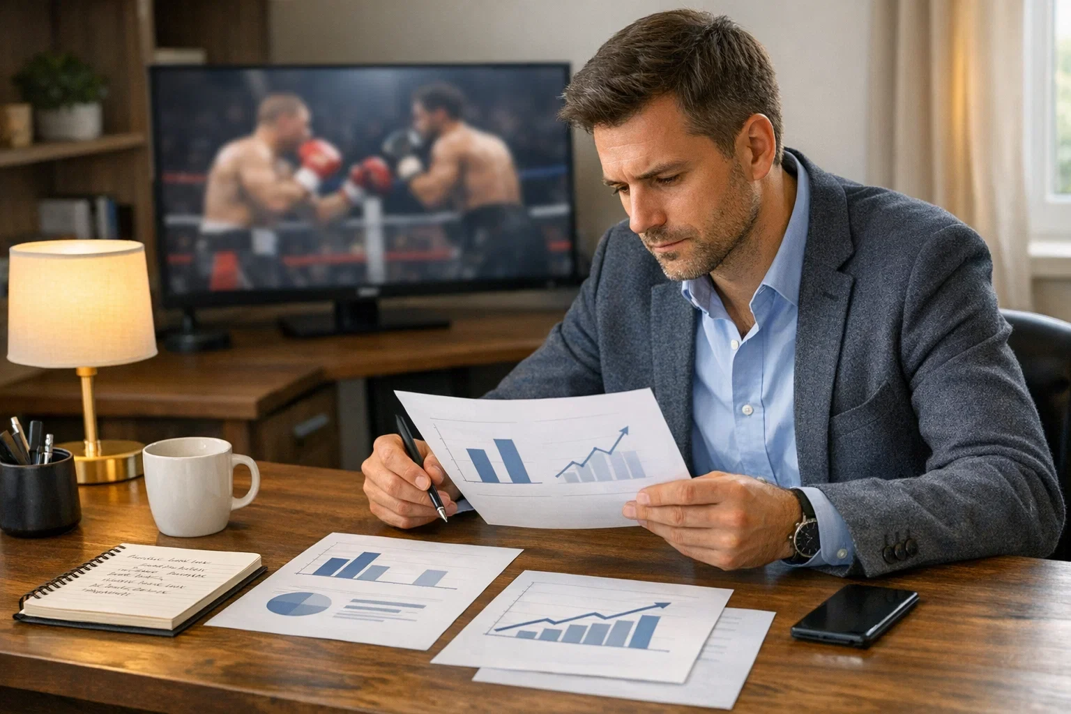 Person analysiert Boxstatistiken und Wettquoten am Schreibtisch